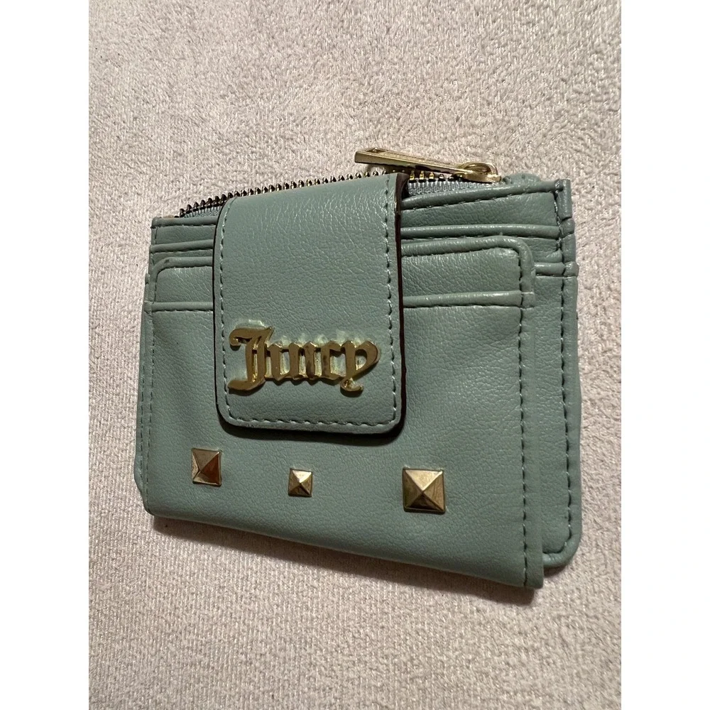 Juicy Couture Sage Green Card Holder Wallet Gold Studded ID Window Zip Pocket